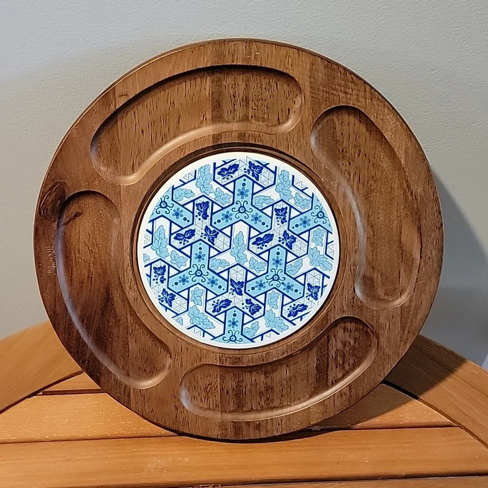 Vintage Gail‎ Craft MCM Wood Blue Porcelain Cheese Charcuterie Board
